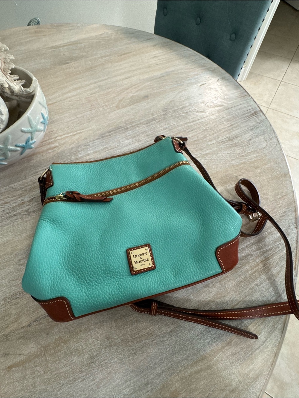 Dooney & Bourke Turquoise Pebbled Leather Crossbody with Brown Trim